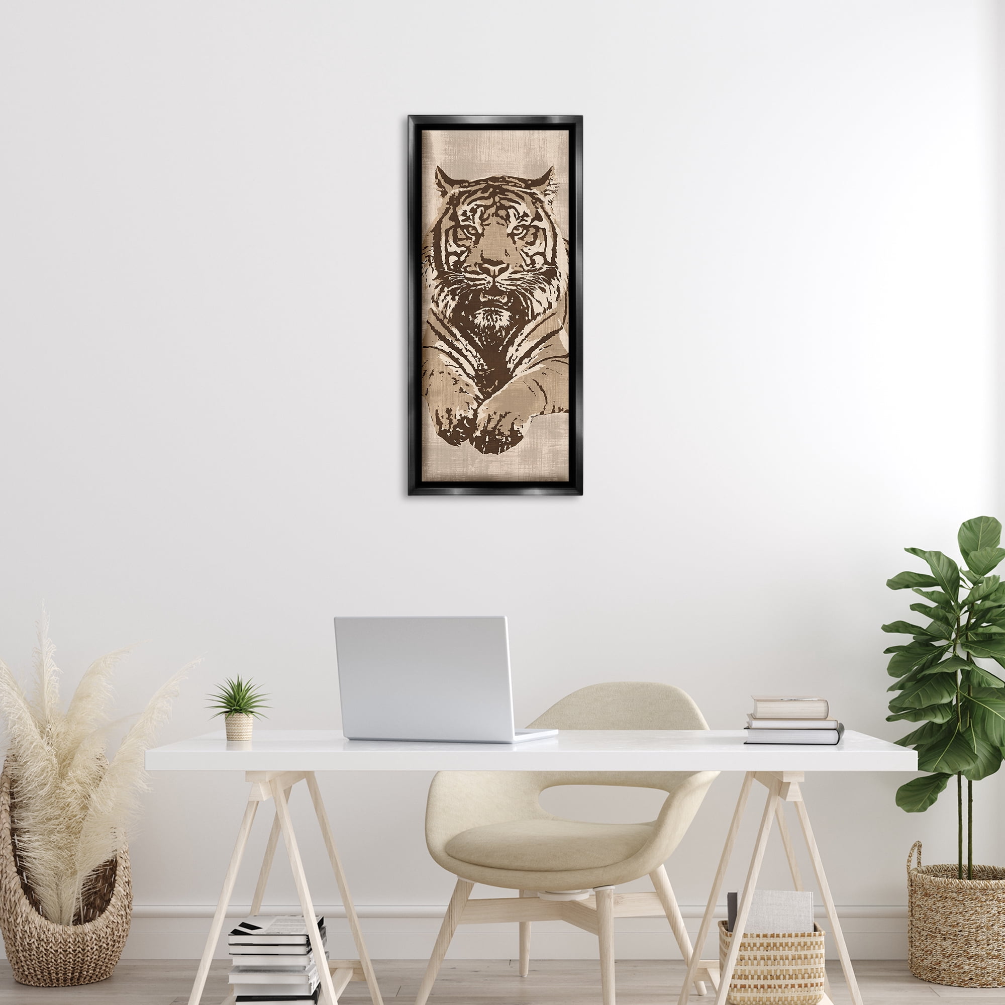 Stupell Industries Fierce Tiger Baring Teeth Animals Painting Black Floater Framed Canvas Art Print Wall Art, 14 x 31