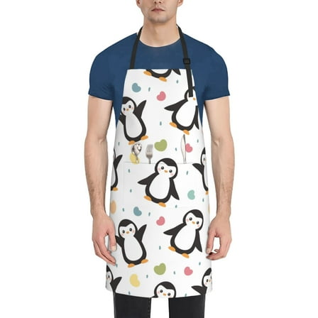 Lsque Colorful Hearts Penguin Waterproof Apron Chef Aprons for Men Heavy Duty Chemical Work Apron Extra Long Grilling Aprons with Adjustable Bib Apron