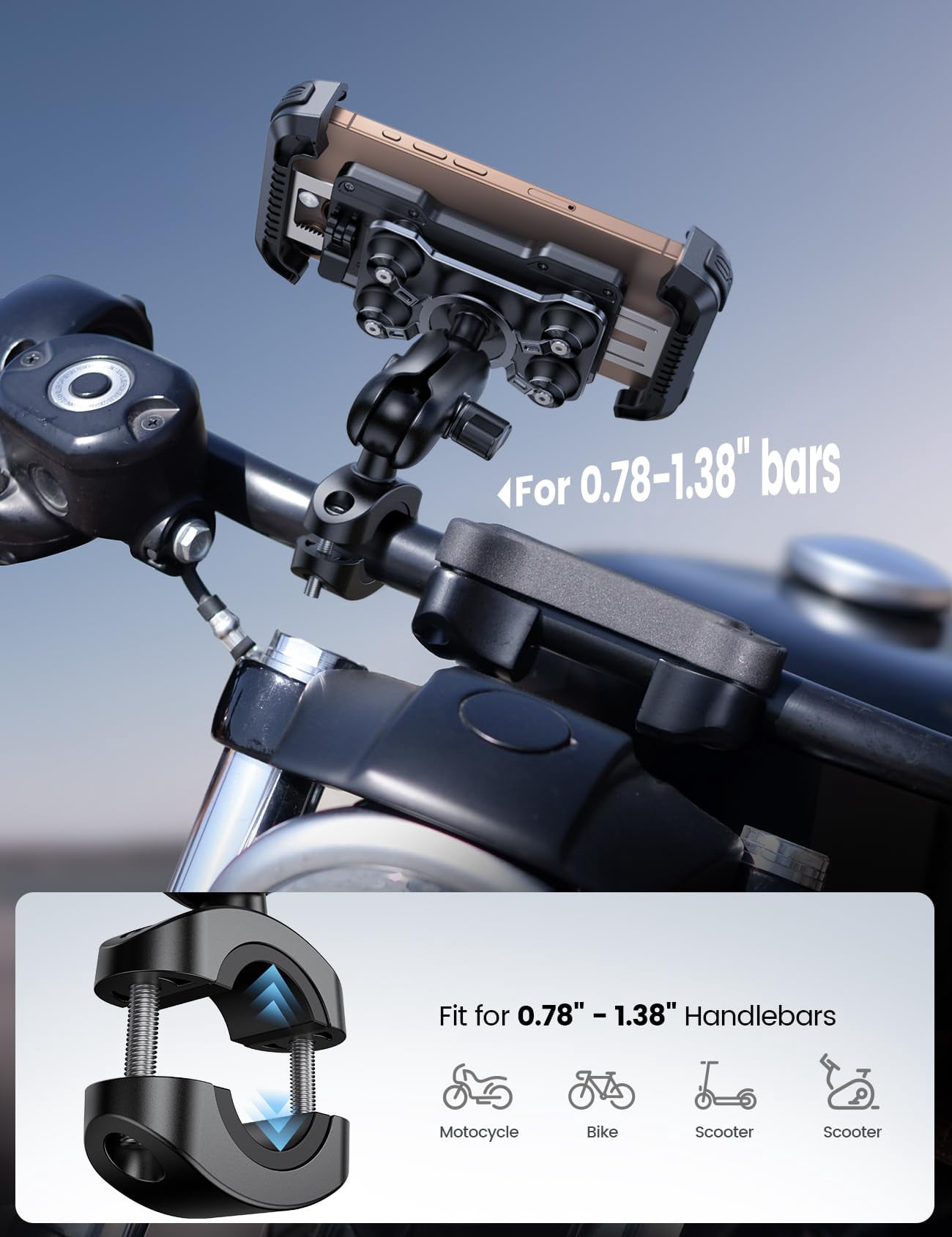 Motorcycle Phone Mount Holder - [Dual Vibration Dampener] [Metal Adjustment Arm] Motorcycle Cell Phone Holder, Bike Handlebar Phone Mount, Gifts for iPhone 16 15 14 Pro Max, 4.7-6.7" Phones