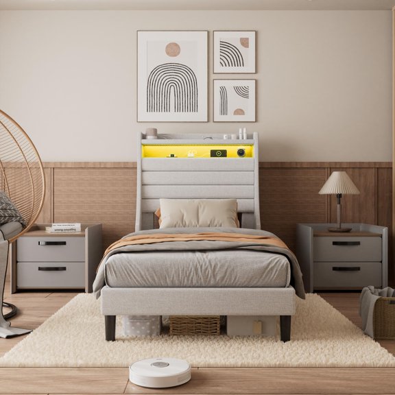 Twin Size Bed Frame with LED Light and Charging Station,Upholstered Platform Bed with Headboard,Upholstered Headboard with 2-Tier Storage Shelves,Sturdy Wooden Slats Support,No Box Spring Needed