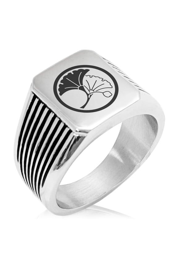 Stainless Steel Yin Yang Ginkgo Leaves Kamon Crest Needle Stripe Pattern Biker Style Polished Ring