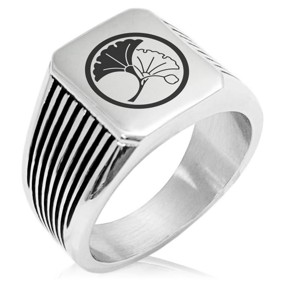 Stainless Steel Yin Yang Ginkgo Leaves Kamon Crest Needle Stripe Pattern Biker Style Polished Ring