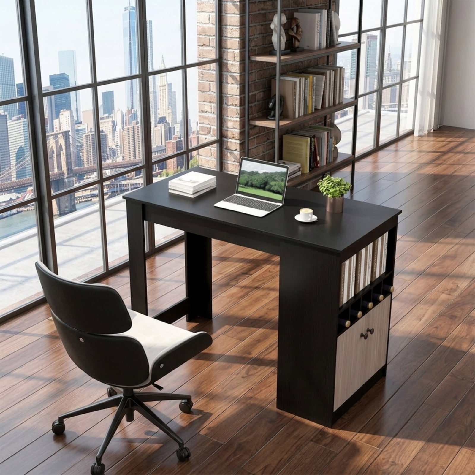 Furnibear 48 Inch Bar Table with Storage Cabinet and Wine Rack for Kitchen Dining Bar Bistro Pub Home Counter Height, Black