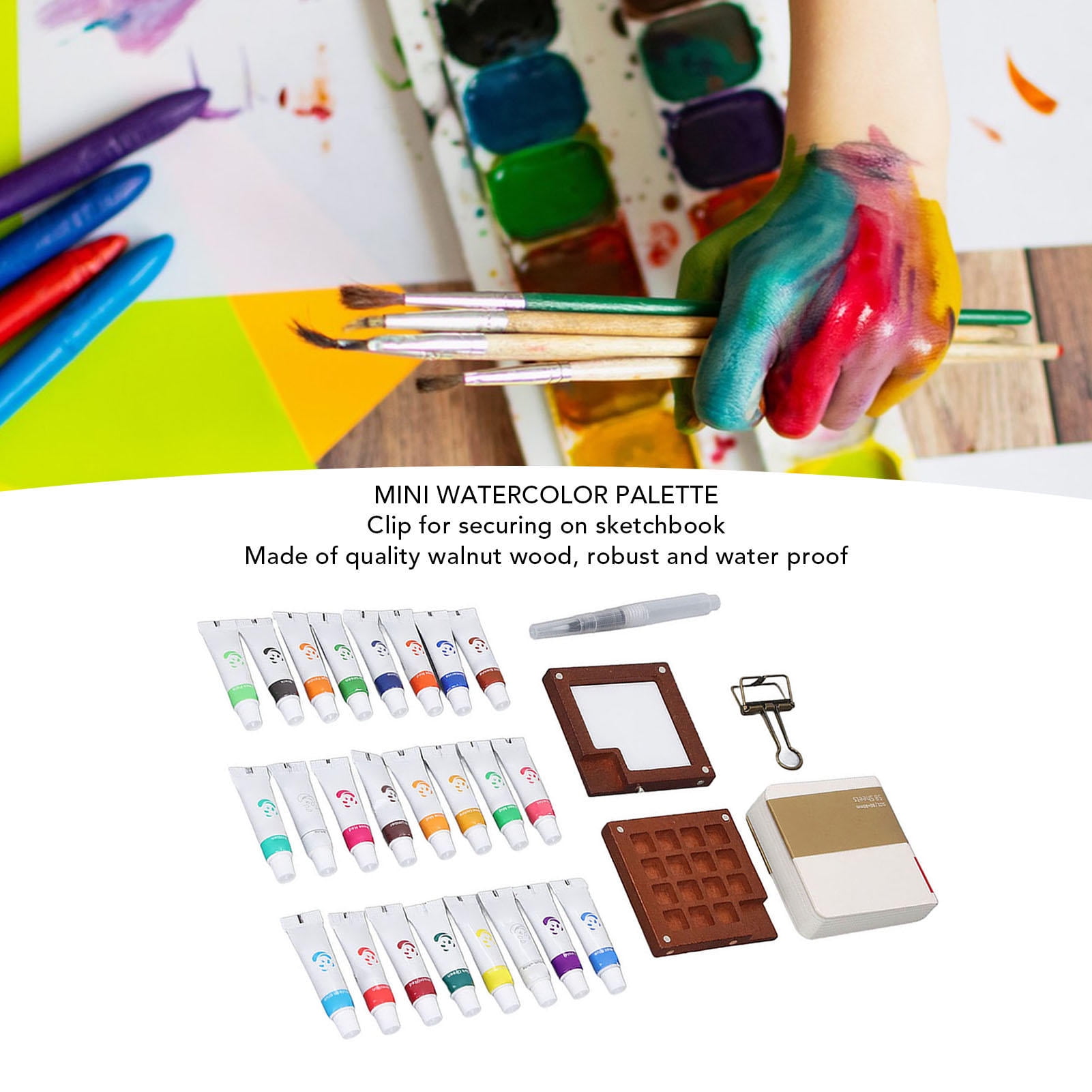 LAZIOEGR Compact 24‑Color Watercolor Palette & Brush Set – Portable Mini Paint Tray with Clip for On‑the‑Go Artists