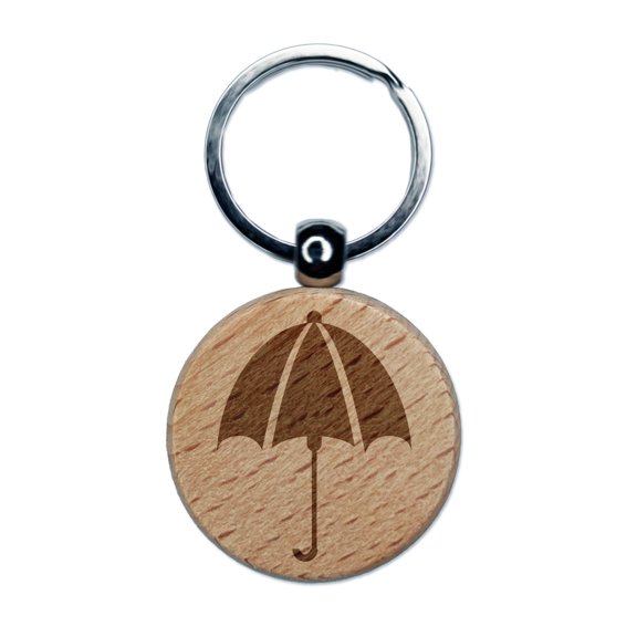 Rainy Day Umbrella Round Keychain Charm Tag - Engraved Wood