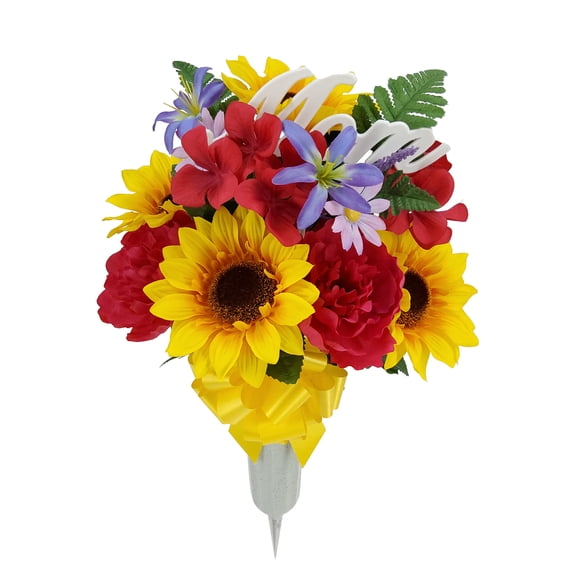 Mainstays Outdoor 20 inch Artificial Sunflower in Vase with "Mom" Sign, Yellow and Red.