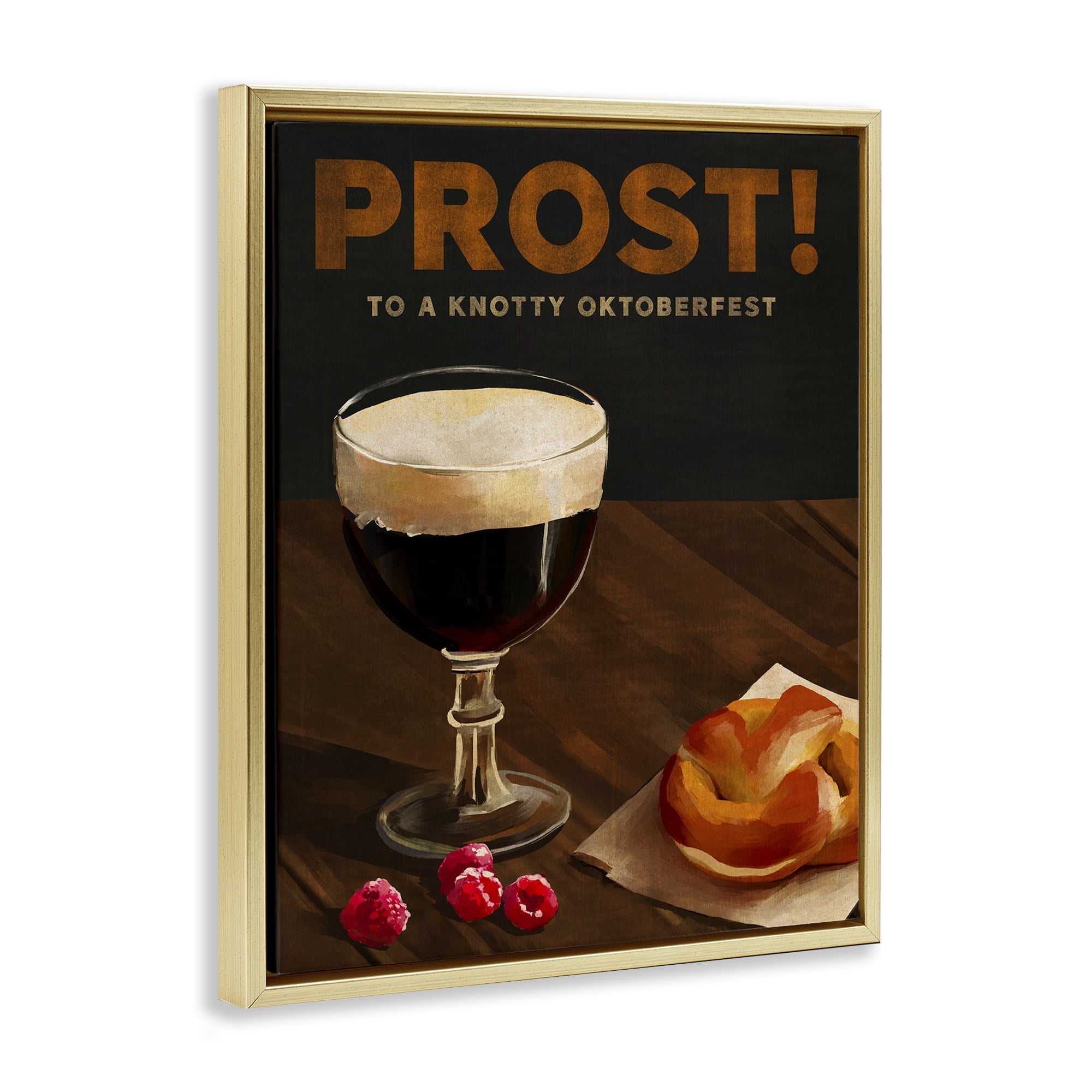 Stupell Industries Prost Beer & Pretzel Food & Beverage Painting Gold Floater Framed Canvas Art Print Wall Art, 17 x 21