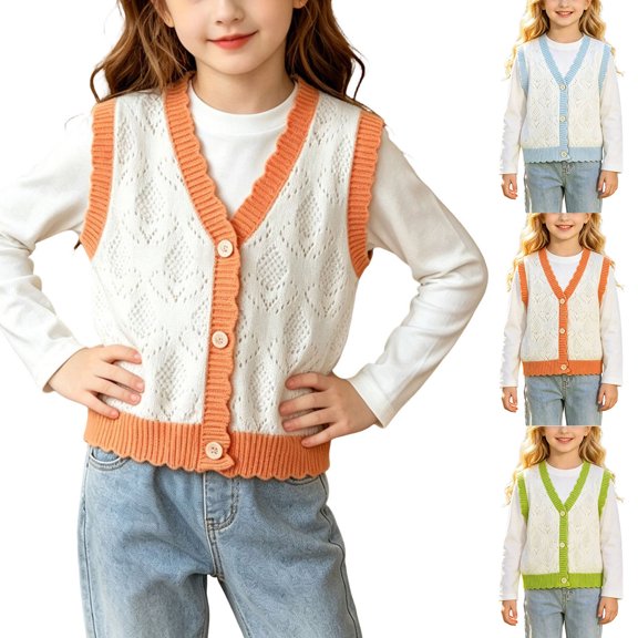 Pretxorve Kids Girls Jacket Colorblock Solid Sleeveless Button Front Tank Outerwear Sizes 18M-9Y
