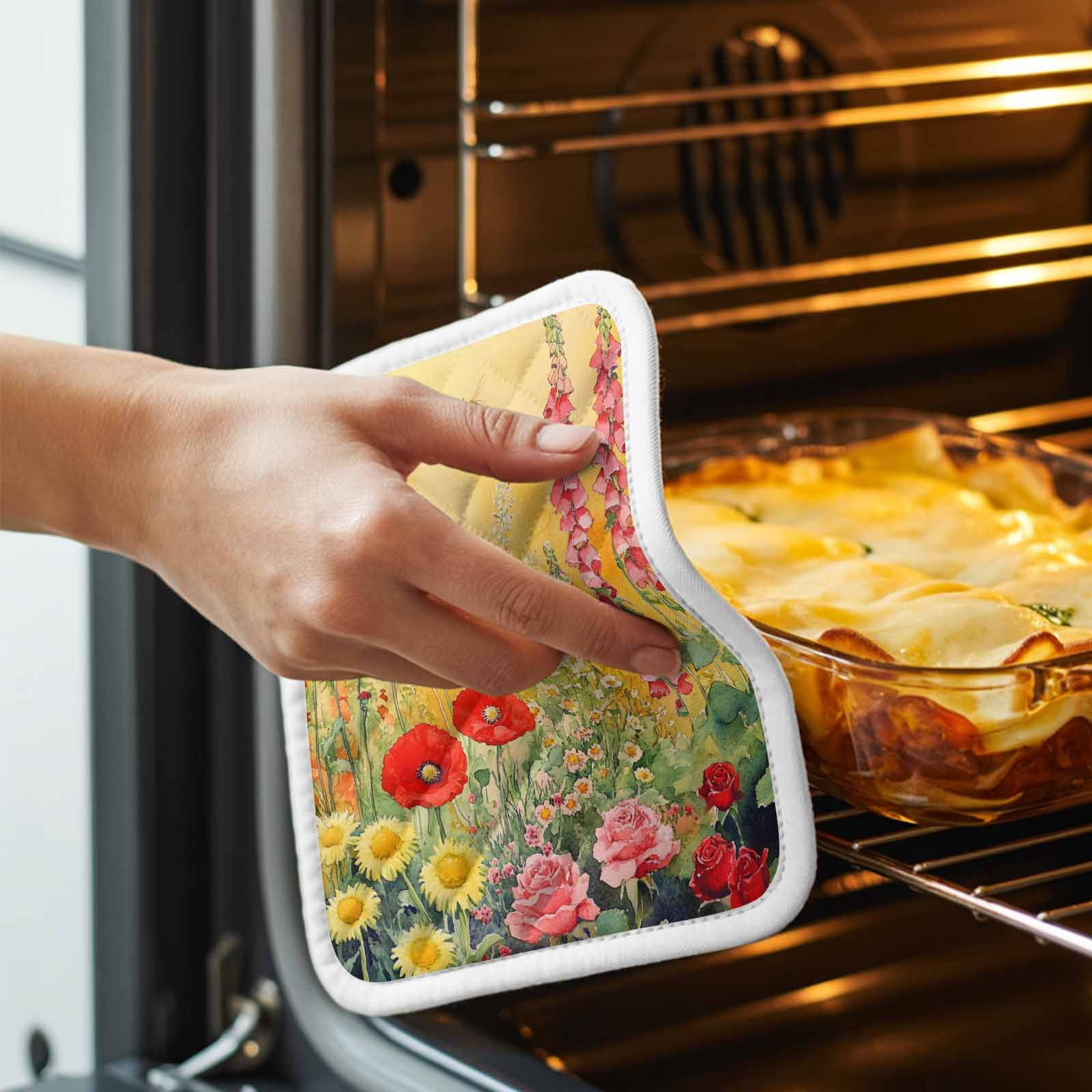 Poppy Botanical Pot Holders for Kitchen Heatproof Potholder, 5 Pack Vintage Floral Yellow Ombre Hot Pads Multipurpose Oven Pads Cloth Potholders Trivet for Cooking Baking