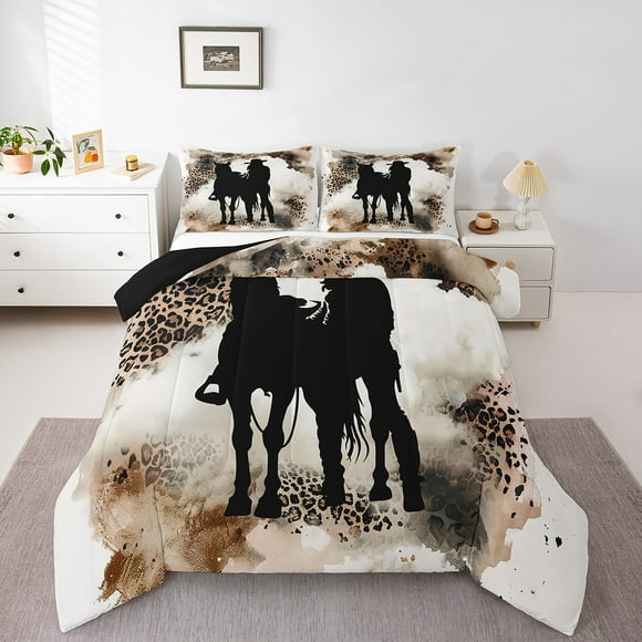 Western King Comforter Set Rustic Farmhouse Bedding Sets for Cowboys Cowgirls Bedding Comforter Sets Leopard Print Down Comforter for Adult Women Equestrian Sports Game Duvet Insert King