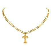 FOCALOOK Initial Necklaces for Women Men Gold Plated Letter T Pendant 18 Inch Figaro Chain