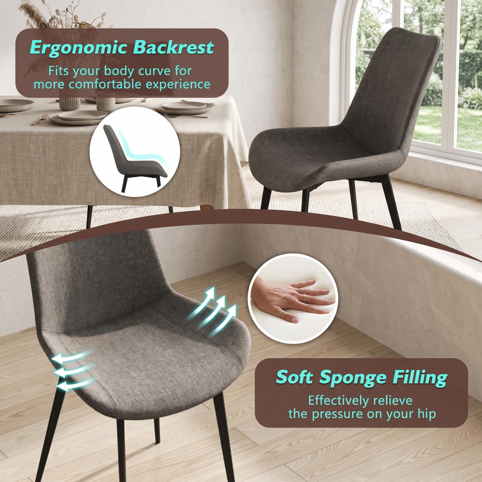 Furnibear Set of 4 Upholstered Dining Chairs with Metal Legs, Faux Linen Padded Back Kitchen Side Chairs, Ergonomic Armless Accent Chairs for Dining Room Living, Gray