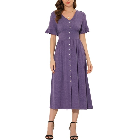 INSPIRE CHIC Women's Summer Dress V Neck Button Flutter Sleeve Smocked High Waist Midi Dress XS Purple
