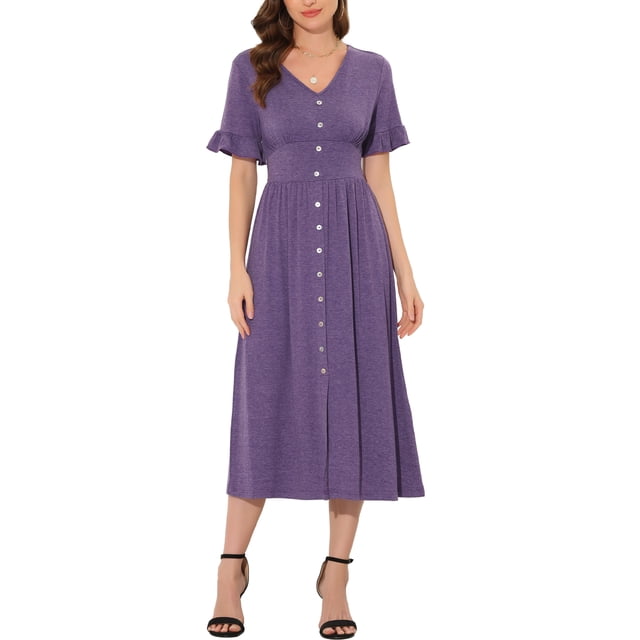 INSPIRE CHIC Robe d'Été pour Femme Col en V Boutonnée Manches Volantées Smockée Taille Haute Robe Midi P Violet