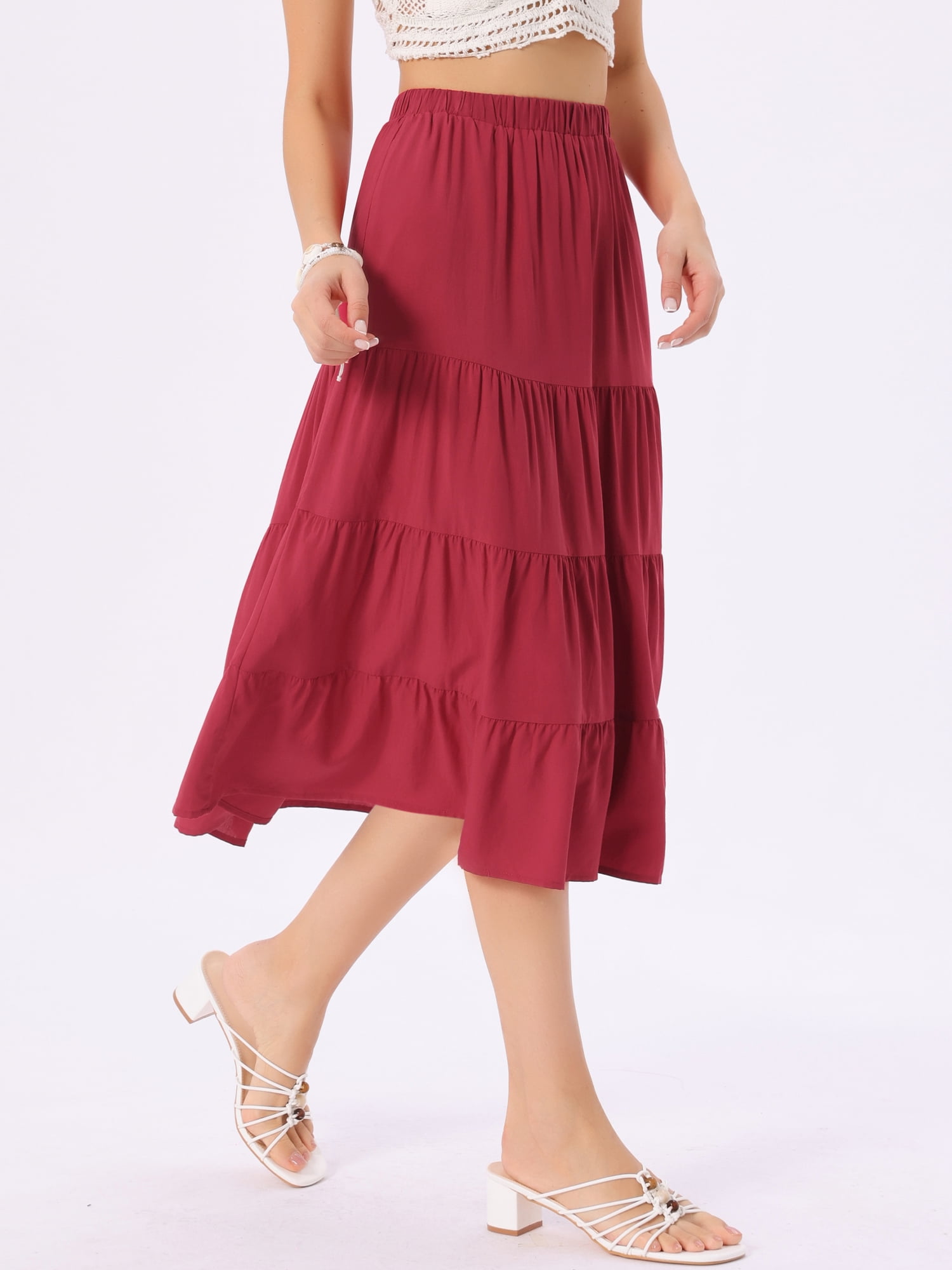DARING DIVA Women's Flare Tiered Pleated Solid Elastic Waist A-Line Skirt M Red