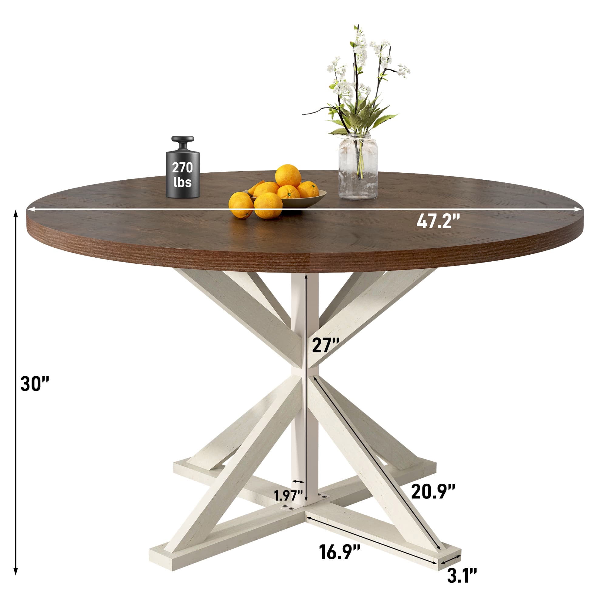 ChVans 47" Round Dining Table for 4 People, Rustic Farmhouse Wooden Round Table for Kitchen Living Roon Dinning Room
