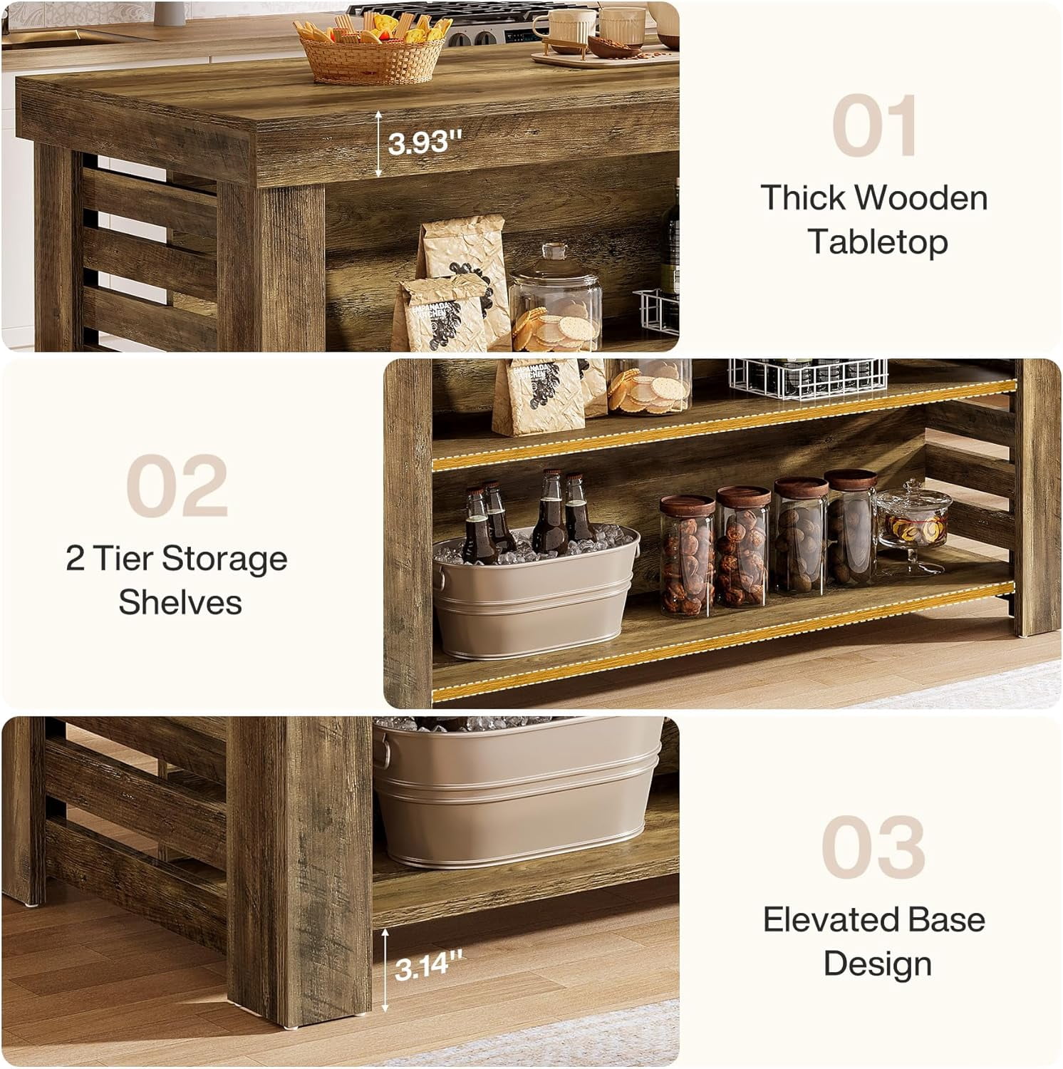 Finmind 55" Kitchen Island with Seating and Storage, 3-Tier Farmhouse Wood Coffee Bar Table for Kitchen, Dark Brown