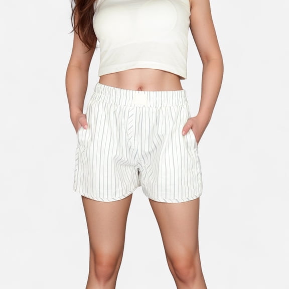 Women's Vertical Stripe Lounge Shorts with Elastic Waistband Faux Fly Front and Relaxed Fit Side Pockets - White, Small
