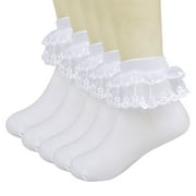 Kawell 5 Pairs Toddler Baby Girls Ruffle Lace Socks Cotton Frilly Ankle Soft Dress Kids Princess Socks 2-15T