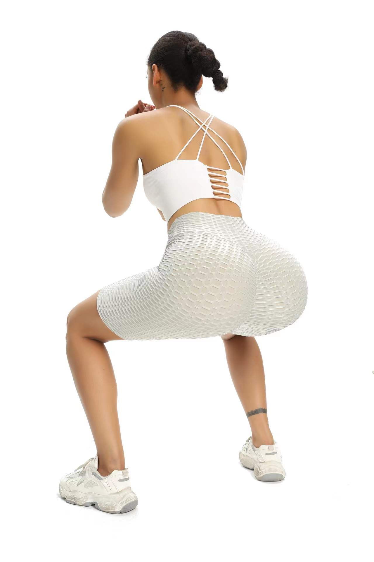 QOQ Women Butt Lift Workout Shorts Textured High Waist Scrunch Booty Yoga Shorts Honeycomb Tummy Control Biker Shorts