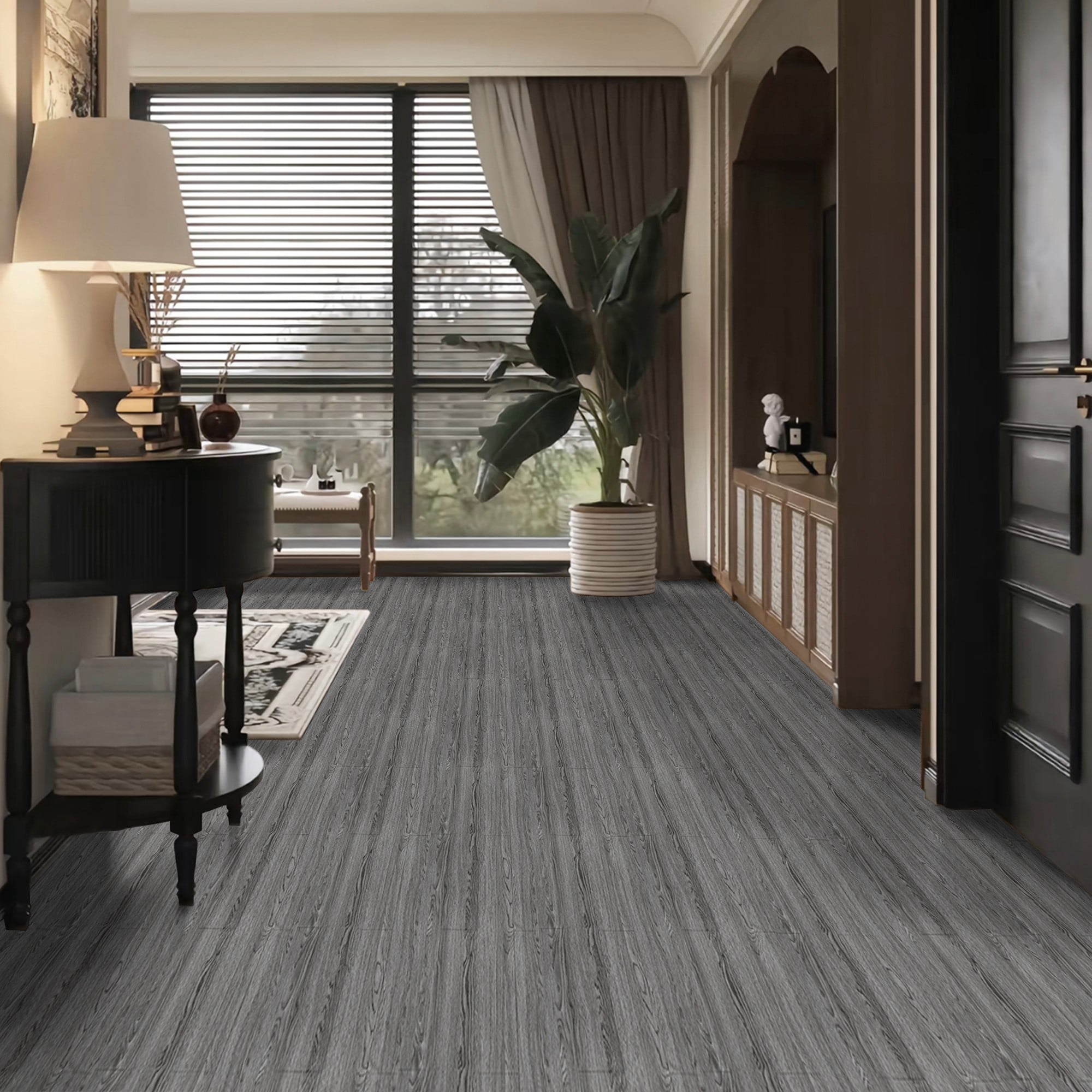 (4 pack) Lxcreat Vinyl Flooring Peel and Stick Roll Thicken Self Adhesive Dark Gray Vinyl Floor Wood Flooring Wood Grain Floor 118-in x 15.7-in