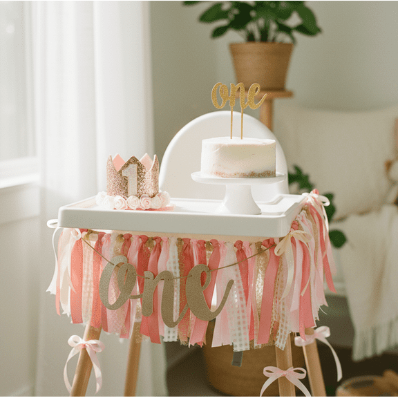 PapaKit Baby Girls 1st Birthday Little Princess High Chair Premium Decoration Set (Crown Hat, Cake Topper, Banner, Garland)