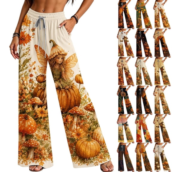 Breezora Womens Wide Leg Pants Elastic High Waist Pumpkin Printed Casual Trousers Flowy Lightweight Bottoms for Daily Fall Wear