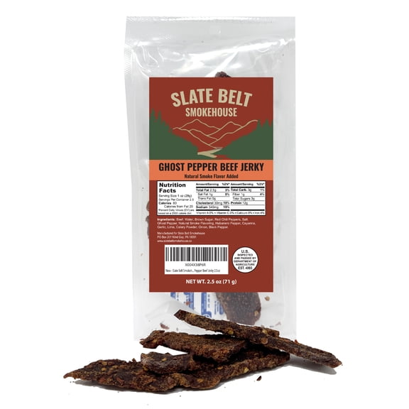 Slate Belt Smokehouse Ghost Pepper Jerky, Spicy Beef Jerky with Serious Heat, Hot Pepper Beef Snack 2.5 Ounce
