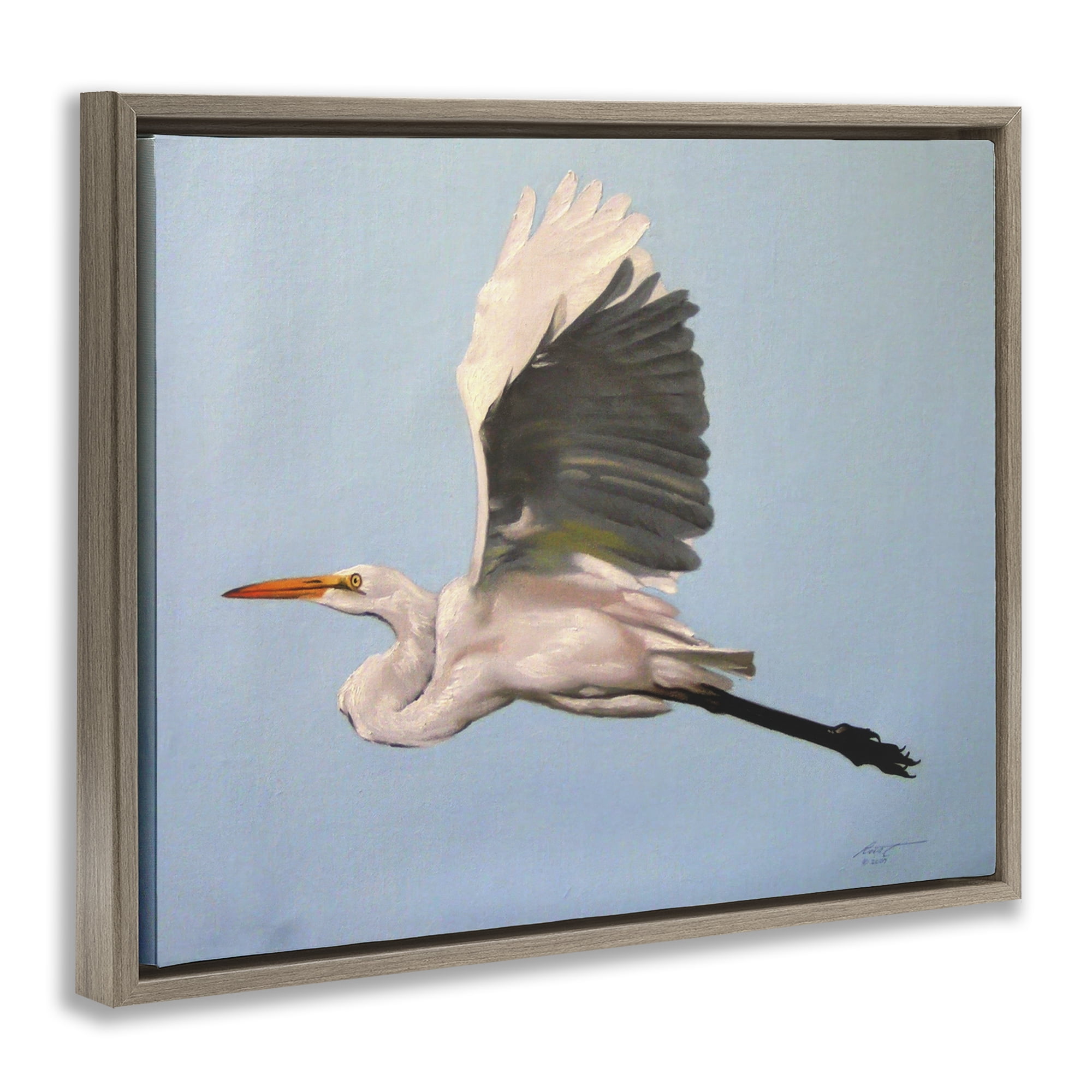 Stupell Industries Graceful Egret Flying Animals & Insects Painting Brown Floater Framed Canvas Art Print Wall Art, 21 x 17