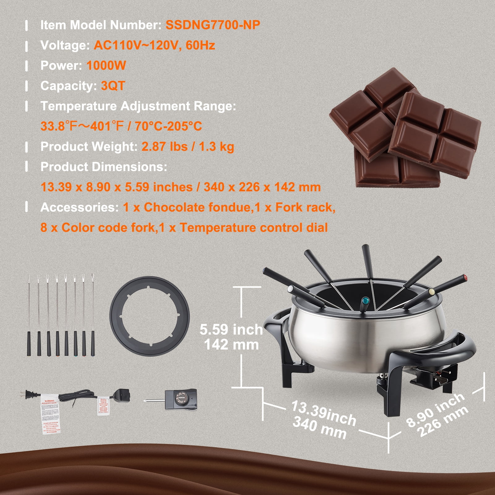 VEVOR 3 qt Electric Fondue Pot Set Chocolate and Cheese Melting Warmer Silver