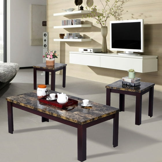 Goplus 3 Piece Faux Marble Coffee Table Set Living Room