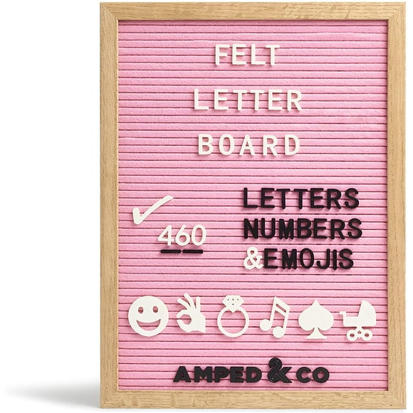 Amped & Co Panneaux de Lettres en Feutre Rose 460 Lettres et Grands Emojis, Messages Suspendus, Cadre en Bois de Chêne, Lettres Prédécoupées