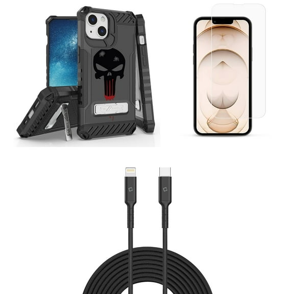 Bemz iPhone 13 Mini Bundle: Tri Shield Military Grade Armor Rugged Case (Black Bloody Skull), Premium Glass Screen Protectors (2-Pack), USB-C to Lightning Cable (3.3ft/1m)