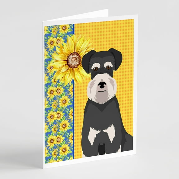 Summer Sunflowers Black and Silver Natural Ears Schnauzer Greeting Cards and Envelopes Pack of 8 7 in x 5 in