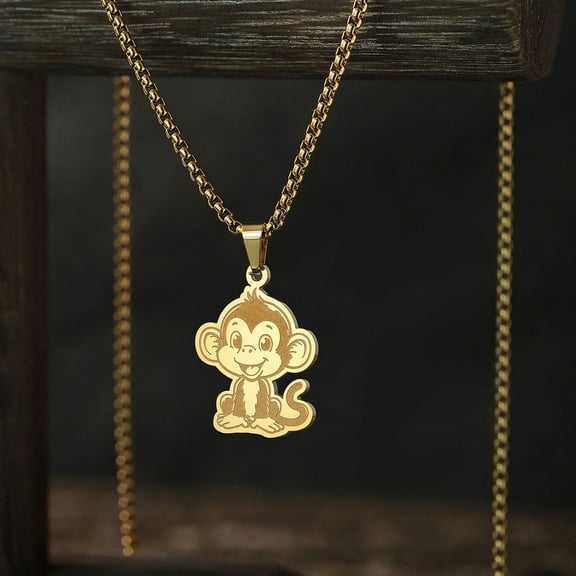 Stainless Steel Cartoon Little Monkey Necklace Pendant Unique Jewelry Animal Charm Birthday Party Chain Choker