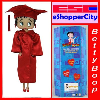 muñeca betty boop de 30 cm en toga de graduación (toga roja) figura coleccionable frontal de 30 cm con toga satín roja y birrete con borla roja; Betty Boop con cabello corto negro, ojos grandes y zapatos rojos; caja azul ilustrada a la derecha; opción de regalo para fans y coleccionistas.