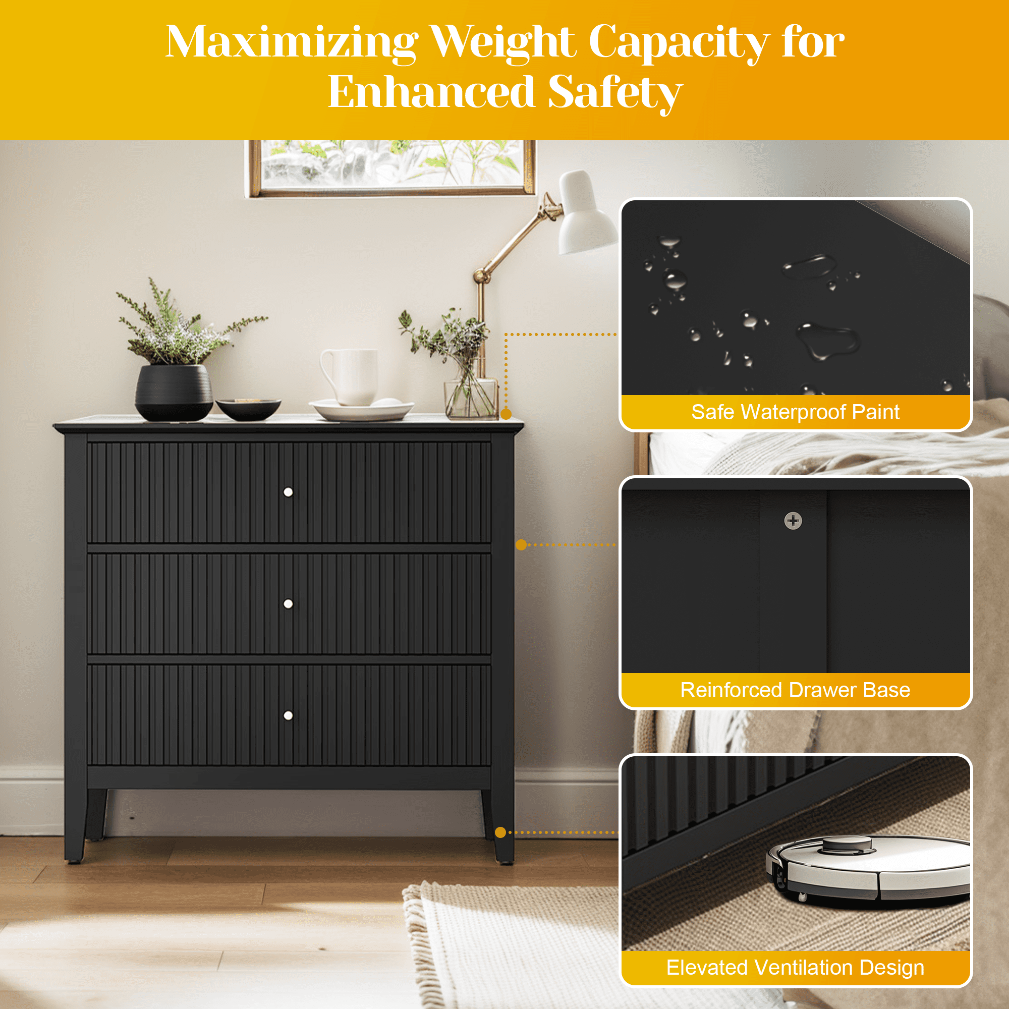 Cozy Home Black 3 Drawer Dresser Set of 2, Painted Tall Wood Nightstand with Storage, for Bedroom Hallway Living Room Entryway Office