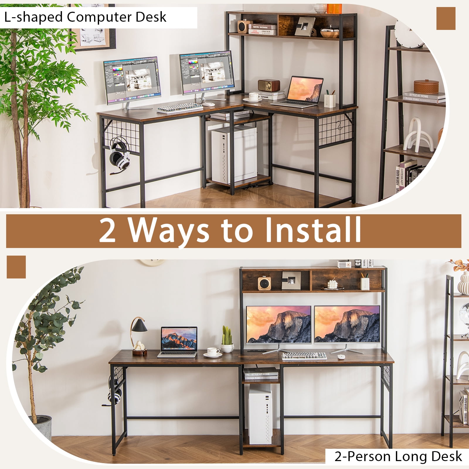Giantex L Shaped Desk, Sturdy Computer Desk w/ Power Outlet, Long Corner Desk Home Office Table, Brown