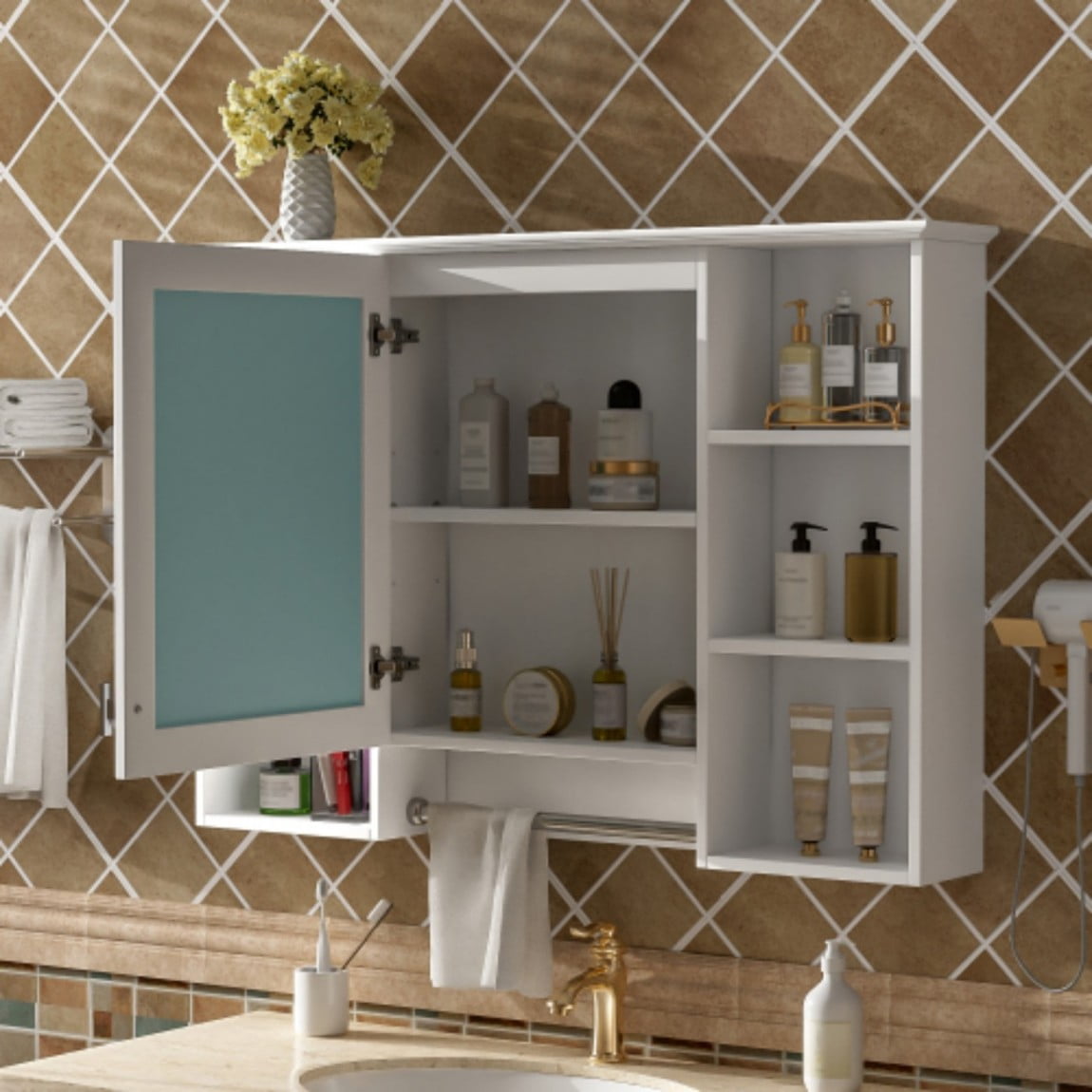 41" Bathroom Mirror Cabinet, 3-in-1 Wall Mounted Medicine Cabinet with Adjustable Shelf, Soft Close Door, High Definition Mirror & Towel Bar for Bathroom Vanity, White
