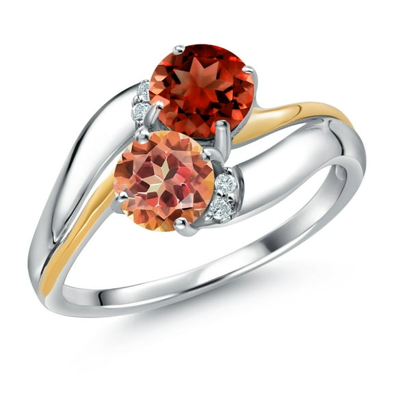 Gem Stone King 925 Sterling Silver and 10K Yellow Gold Ecstasy Mystic Topaz Red Garnet 5MM Round 2 Stone and Lab Grown Diamond Accent Ring for Women (2.03 Cttw, Gemstone Birthstone, Size 6)