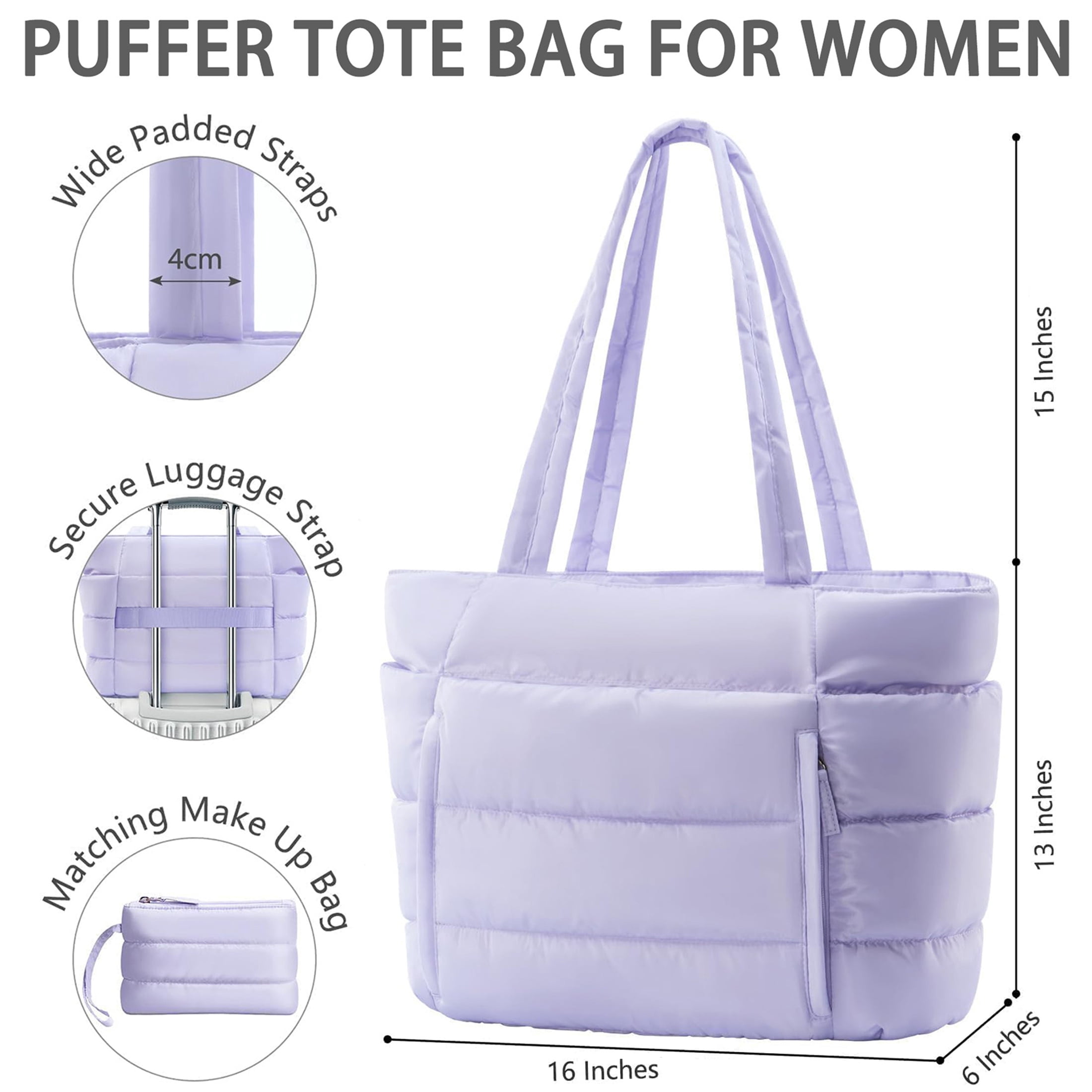 Puffer Tote Bag for Women, Large Capacity Lightweight Quilted Shoulder Bag, Waterproof Handbag for Work, Travel, Gym, Purple