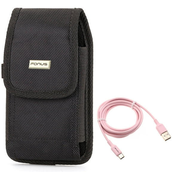 Case Belt Clip   6ft USB-C Cable for Motorola One 5G Ace Phone - Rugged Holster Canvas Cover and  Pink Charger Cord Power Wire Combo for Motorola One 5G Ace