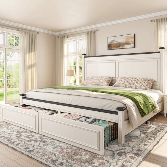 King Size Bed Frame with 2 Storage Drawers Farmhouse  Wood Bed Frame with Storage &  Tall Headboard,White