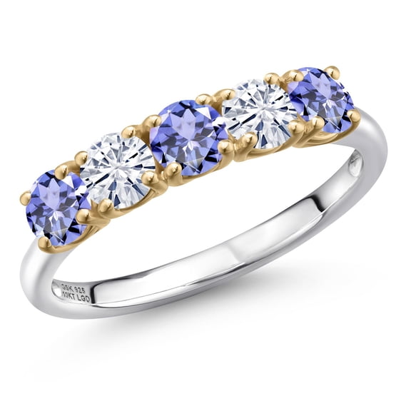 Gem Stone King 925 Silver and 10K Yellow Gold Blue Tanzanite and White Moissanite Wedding-Bands Ring for Women | 1.36 Cttw | Round 4MM | Gemstone December Birthstone | Size 9