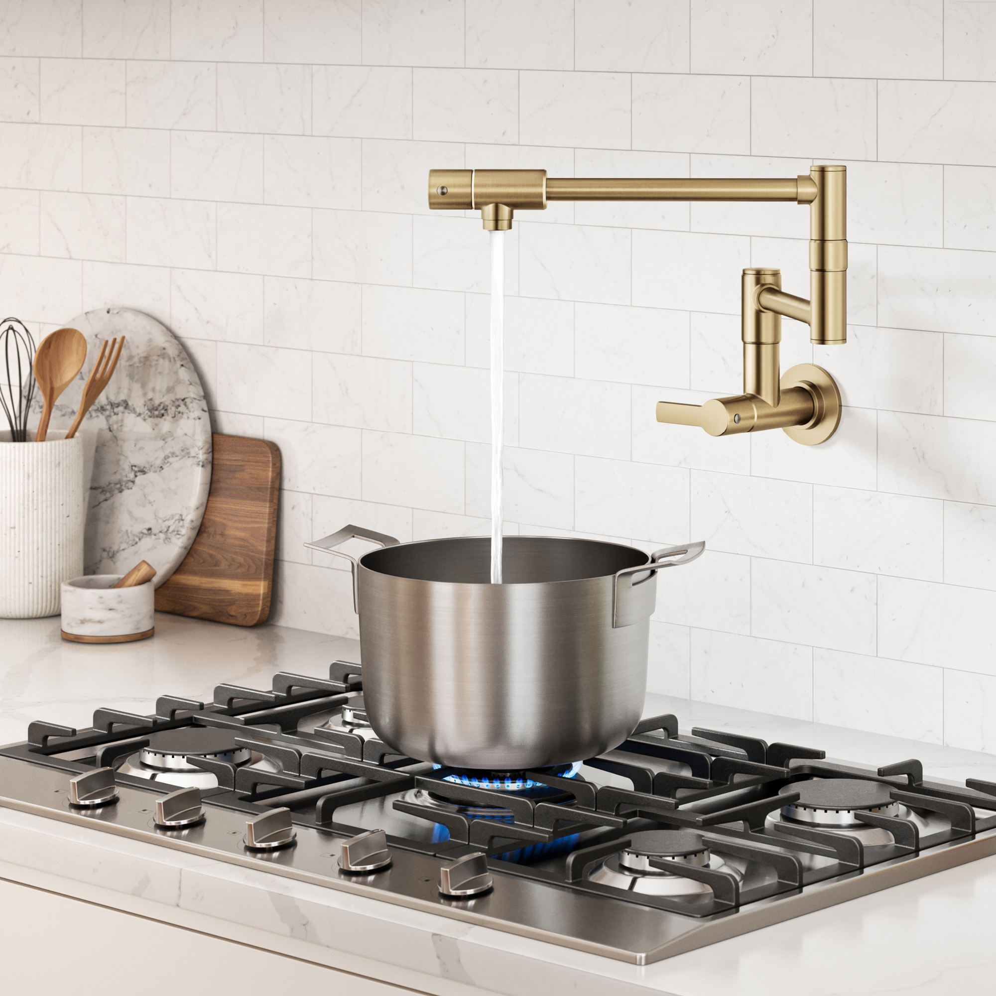 KRAUS® Oletto™ Wall Mount Pot Filler Kitchen Faucet with Retractable Arm in Spot-Free Brushed Brass