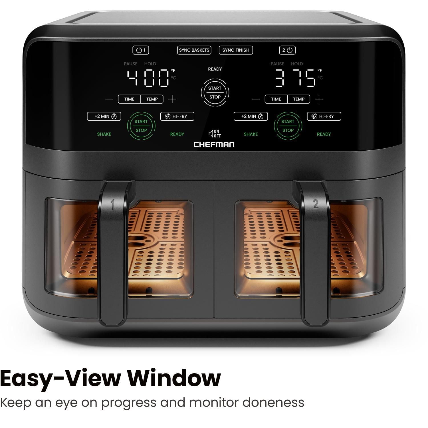 Friteuse à air numérique Chefman à deux paniers avec fenêtres Easy View, 2 paniers indépendants de 2,75L (3 pintes) - Noir, Nouveau
