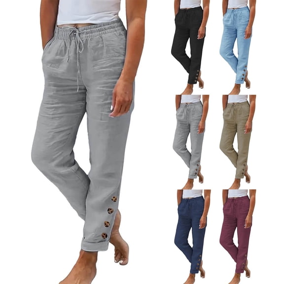 Women's Spring Elastic Straight Leg Casual Pants Button Detail Leisure Style