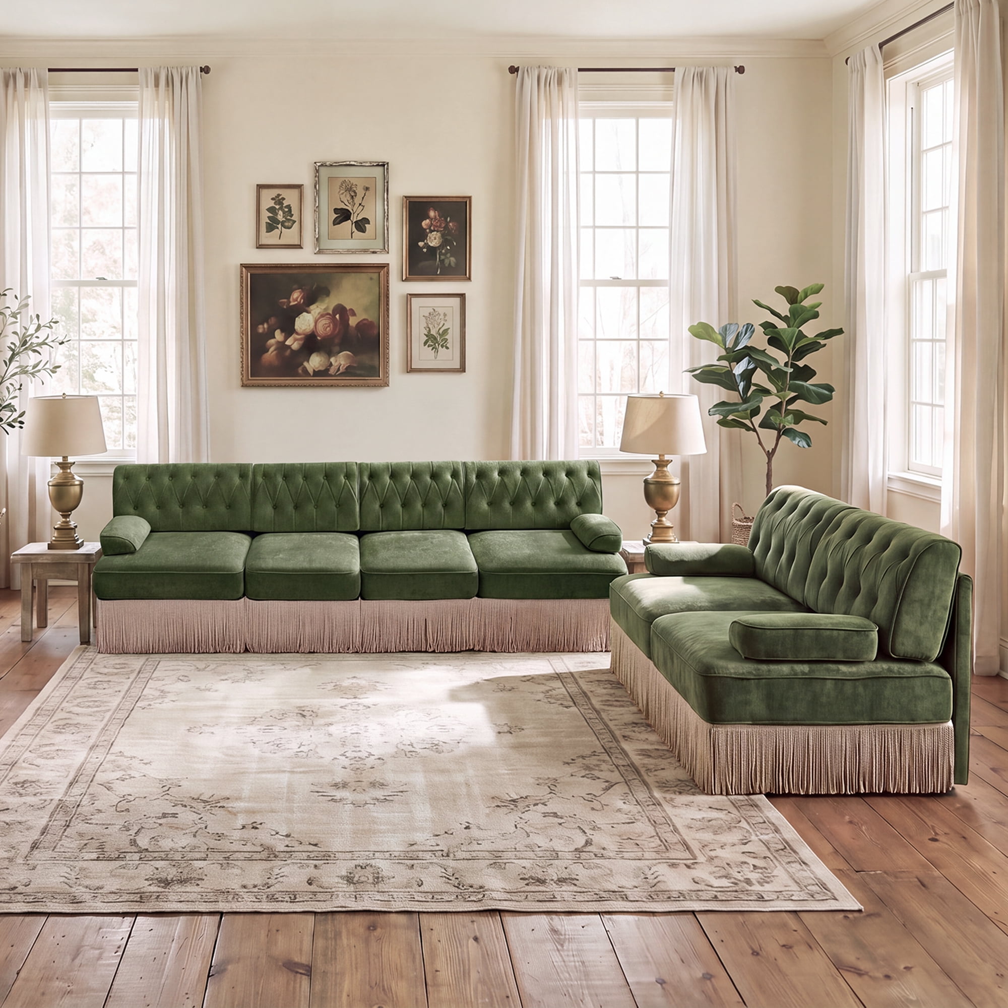2‑Piece Sectional Sofa Set, 1 Pcs Loveseat & 1 Pcs 135" 4‑Seater Sofa Couch Set with Tassel Skirt