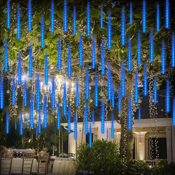 Luces de meteoritos Ducha Luces de lluvia Luz de Navidad LED 30 cm 8 tubos Gota a prueba de agua Carámbano Caída Gota de lluvia Luces en cascada para fiesta Boda Jardín Árbol de Navidad, azul Sincero Hogar
