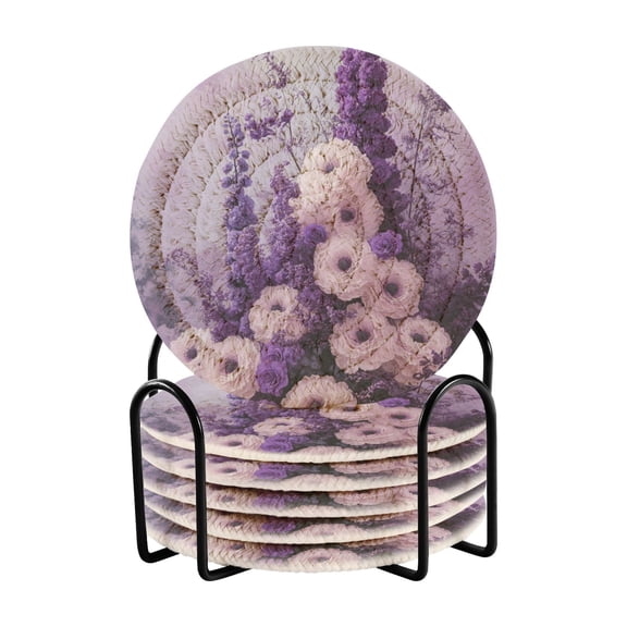 Purple Elegant Flowers Drink Coasters with Holder Absorbent Coaster for Coffee Table Room Decor 6 Pack